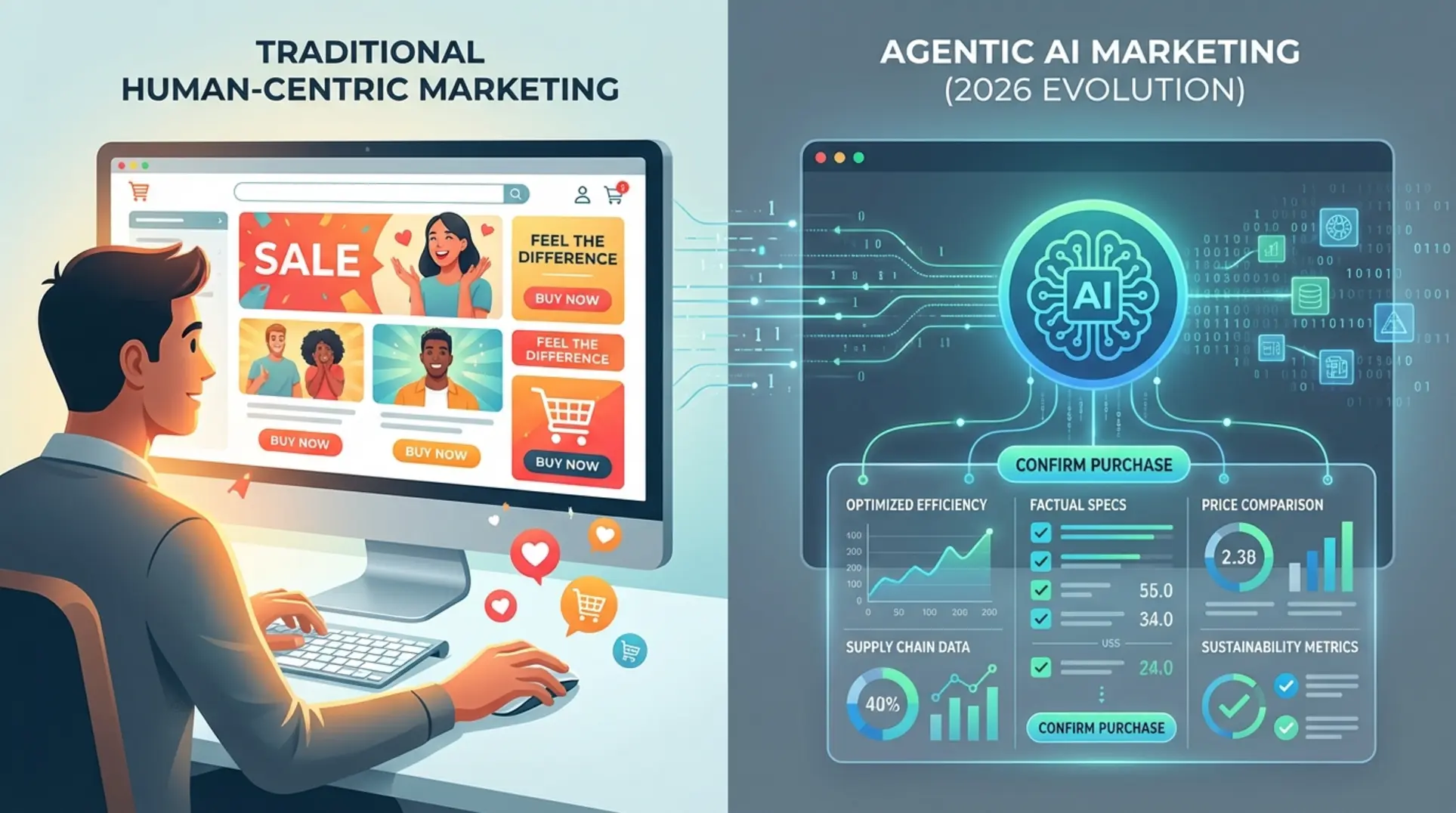 Infographic illustrating The 2026 Agentic AI Gap: Marketing to Machines