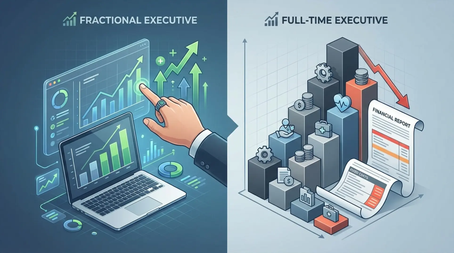 Infographic illustrating The 2026 Financial Matrix: Fractional vs. Full-Time Executive